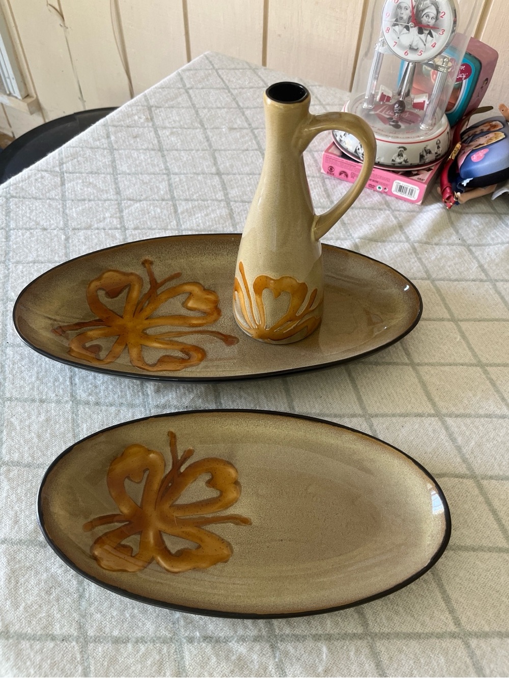 Pier 1 Imports Kioko set.  Stoneware oil bottle and 2 oval serving platters.